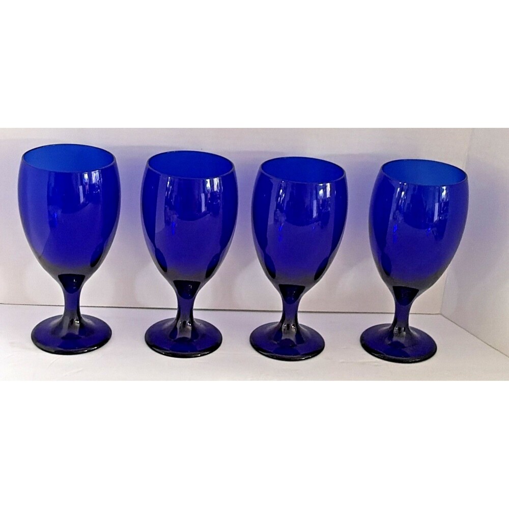 Vintage Cobalt Blue Water Goblets Wine Glasses Tulip Shaped 7" Heavy Set of 4
